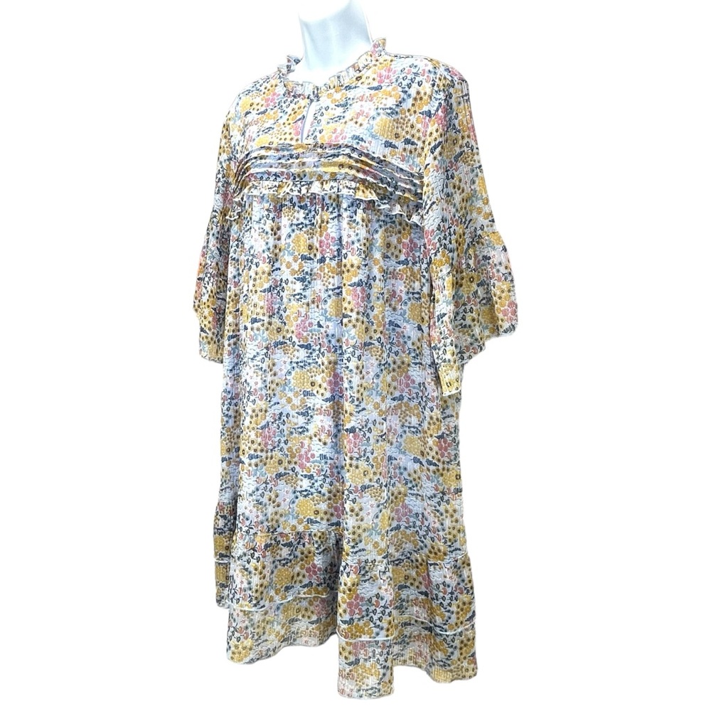 DownEast Women’s XL Blue Floral Boho Smock Chiffon Midi Dress Bell Sleeves